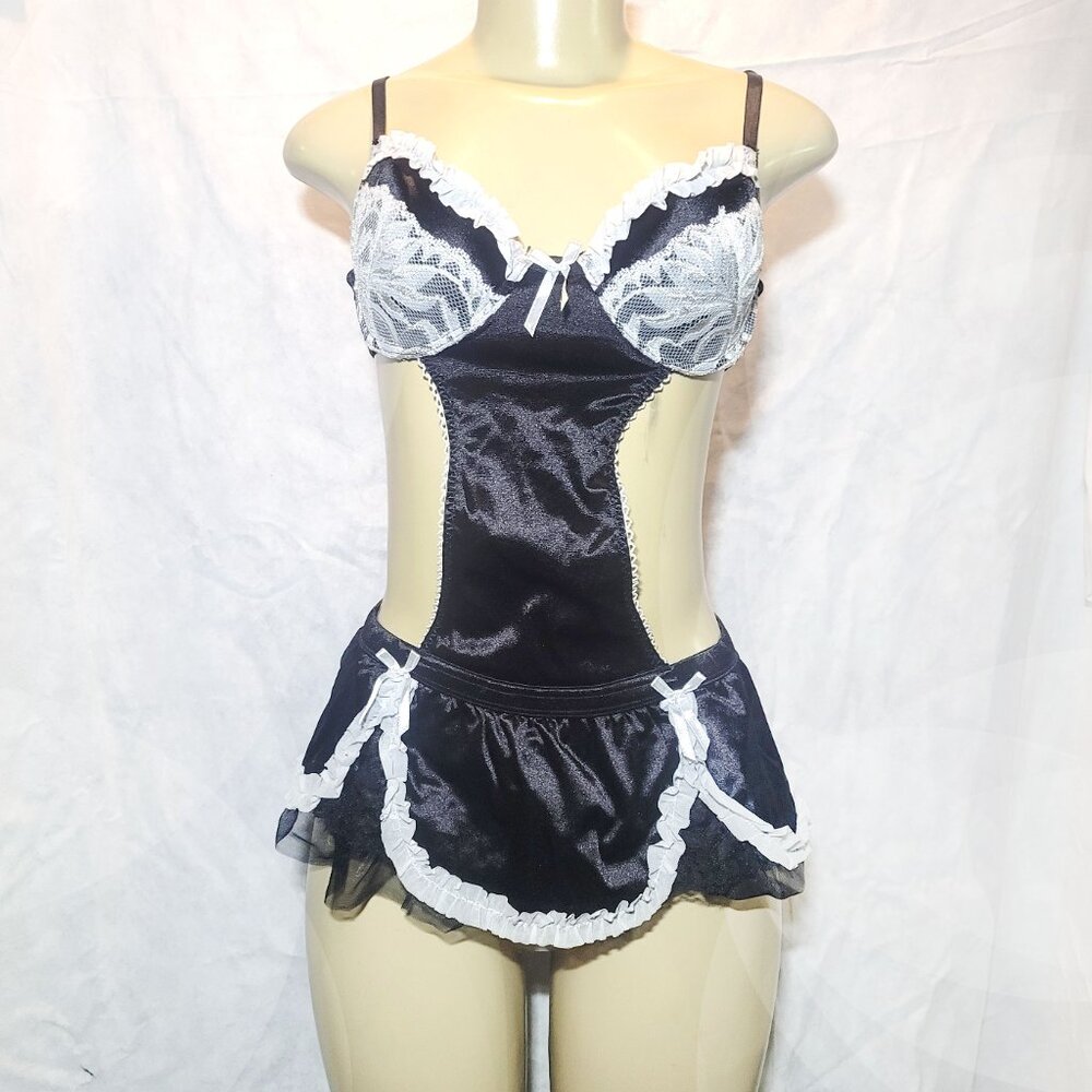 ❤️Black & White Trim Ruffle Lace Trim Sexy Apron Maid Lingerie Cosplay Costume🖤